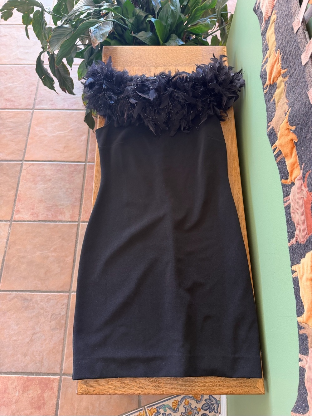 Joseph Ribkoff Black Strapless Feather-Trim Sheath Dress